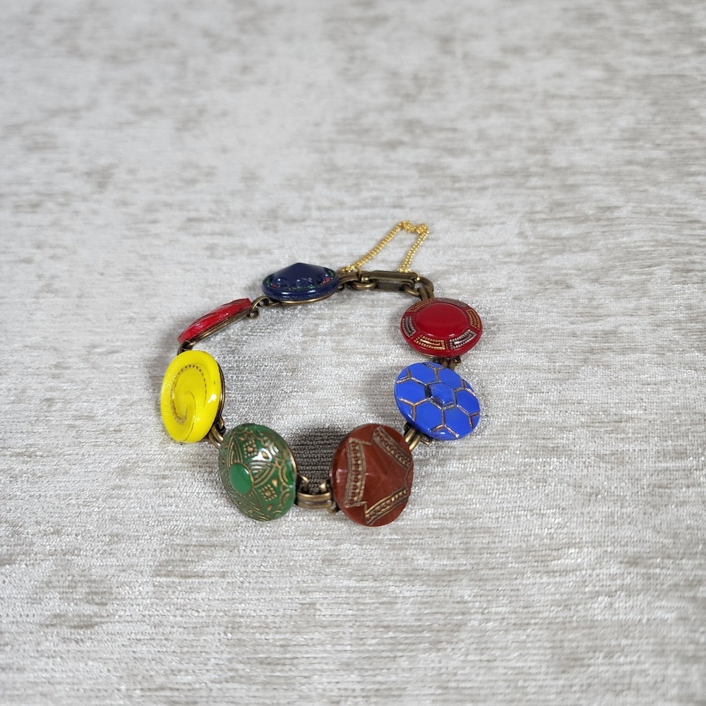 Vintage Colorful Glass Engraved Painted Gold Circle Bracelet 7.5"
